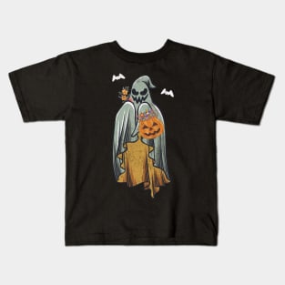 Retro Vintage Groovy Pumpkin Halloween Colors Flower Ghost Kids T-Shirt